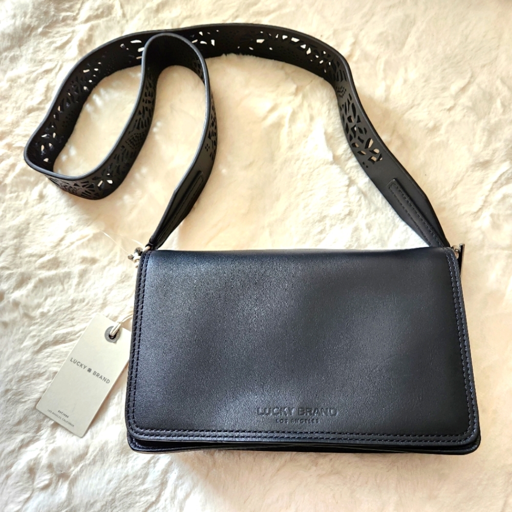 LUCKY BRAND Leather Shoulder Bag - Black with Detachable Bag Strap, NEW!